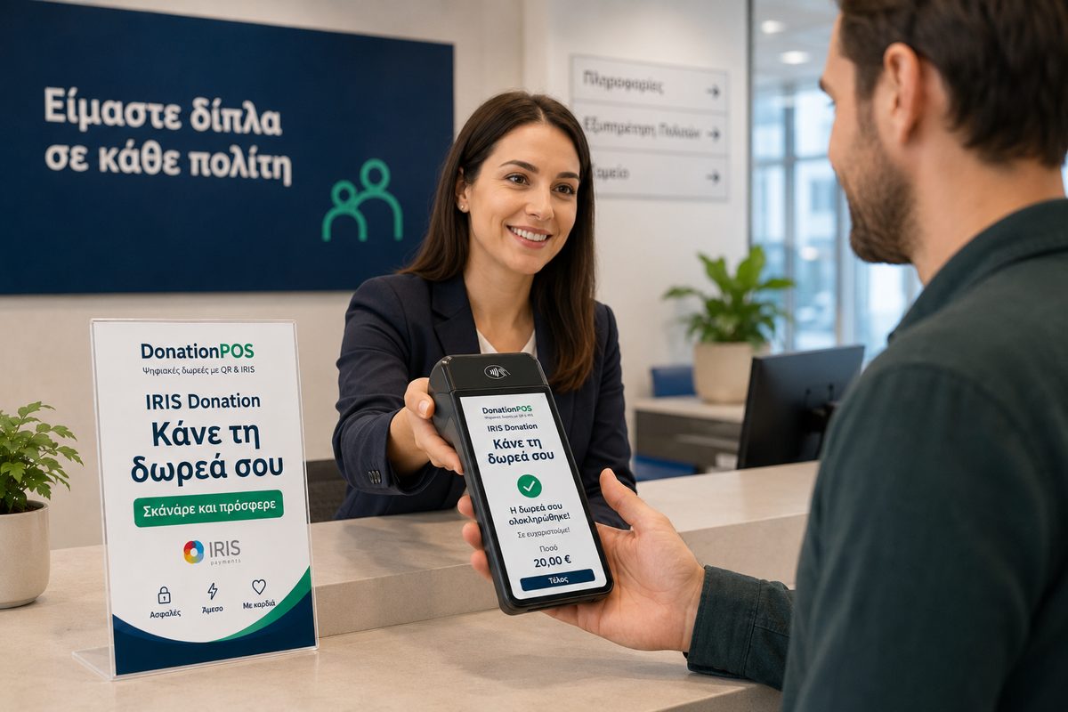 Επιτραπέζιο stand DonationPOS με IRIS Donation και POS τερματικό που εμφανίζει ολοκληρωμένη δωρεά 20€