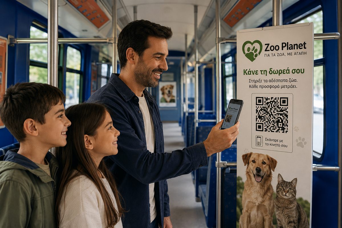 Family scanning a QR donation poster on public transport