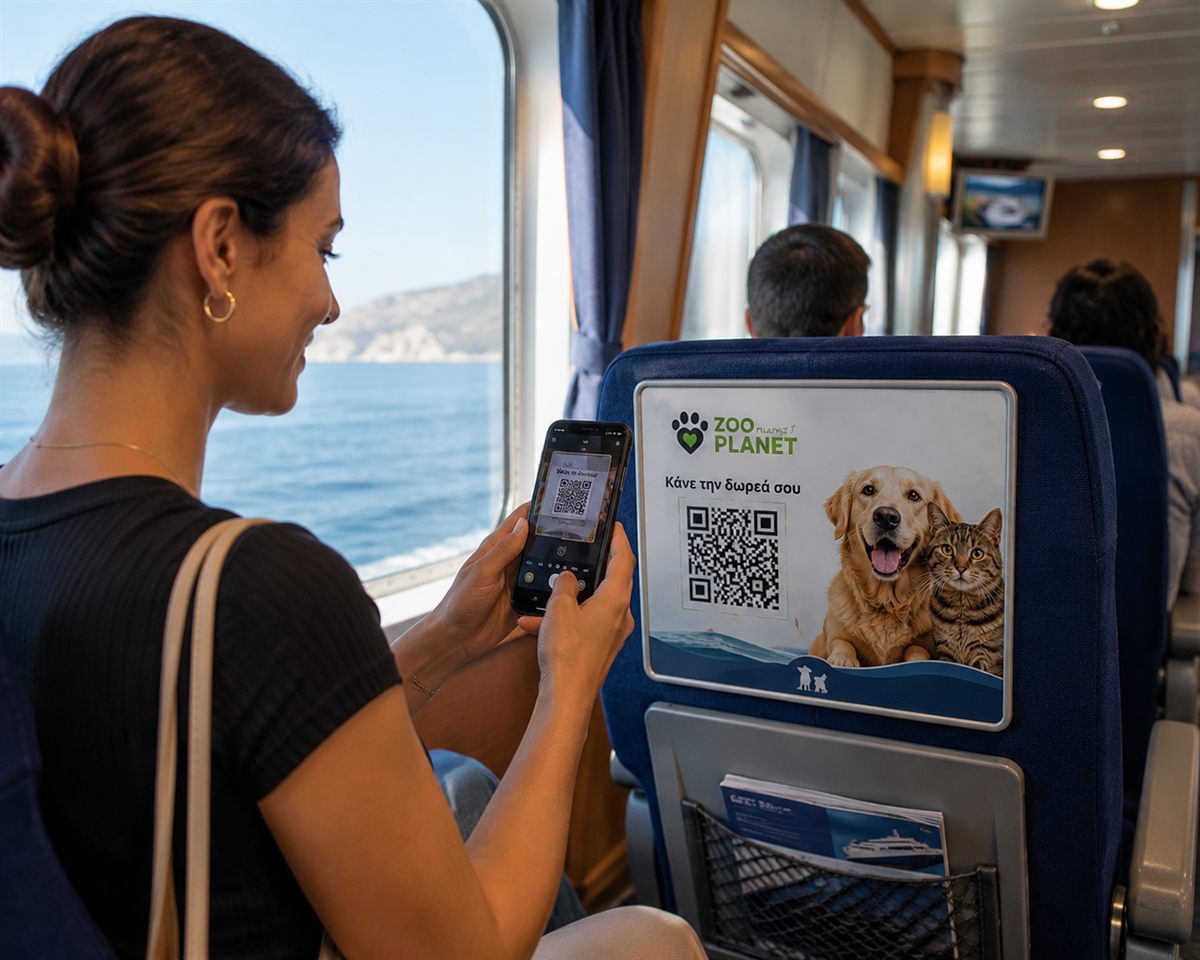 Passenger scanning a QR donation sign on a ferry