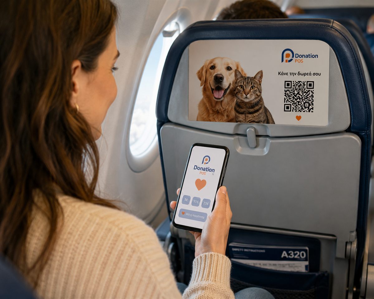 Passenger scanning a QR donation sign on an airplane seatback