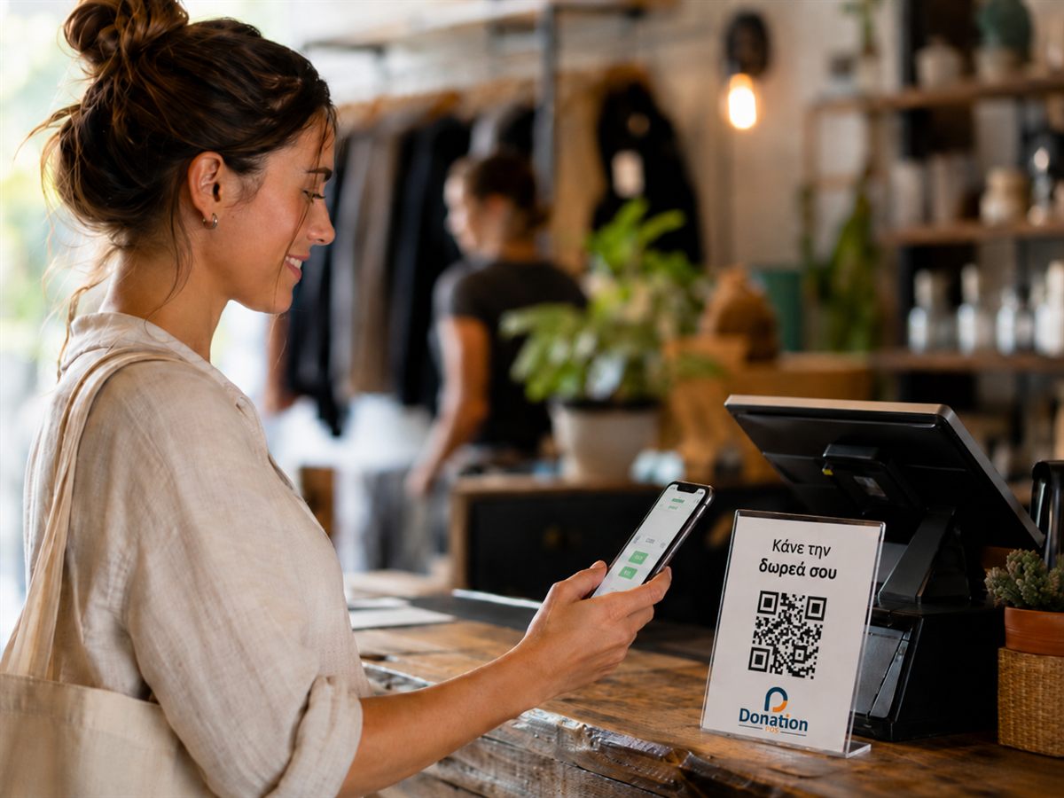 Woman scanning a QR donation stand at a shop counter